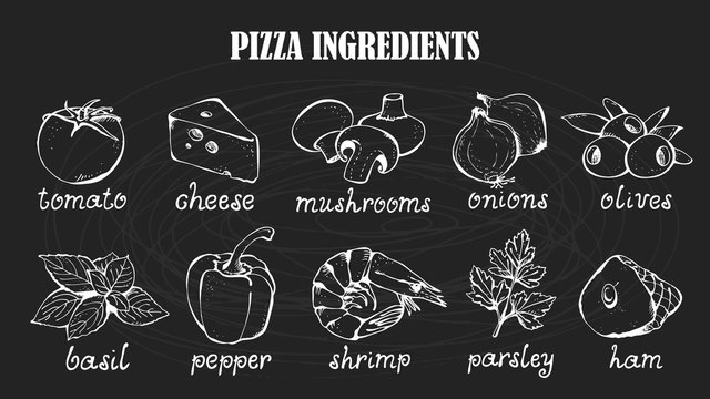 Pizza ingredients vector set, hand drawn food collection, chalkboard background