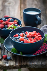 Healthy granola with milk and fresh berry fruits