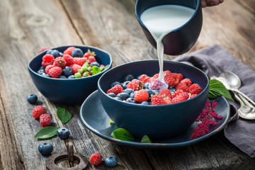 Delicious granola for breakfast in summer garden