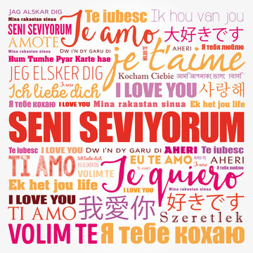 Seni seviyorum (I Love You in Turkish) in different languages of the world, word cloud background