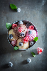 Cold ice cream with blueberries and raspberries