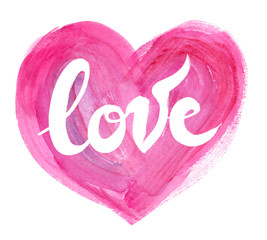 Big pink heart with a word "love" hand written across it in white ink. Painted in watercolor on clean white background