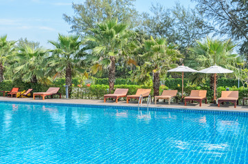 Swimming pool with palm tree, sunbed and white umbrella