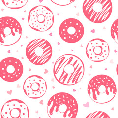 Fototapeta na wymiar Seamless pattern of pink glazed donuts and little hearts on white