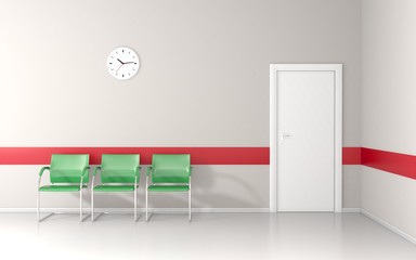 Clinic waiting room with wall clock and red line on white wall