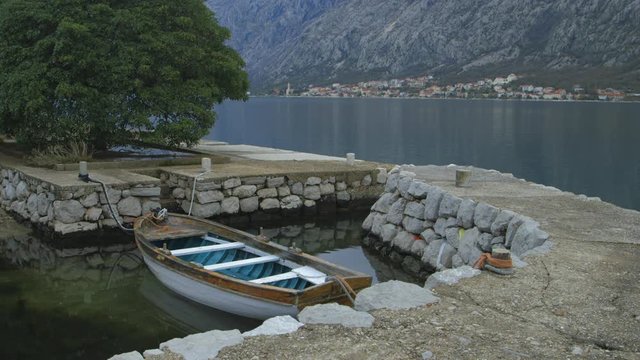 Small Boat Moored In Cove; Kotor; Kotor, Montenegro