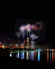 Chicago night skyline with fireworks, Usa.