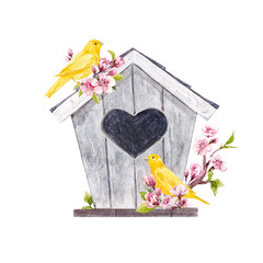 Watercolor vector birdhouse with birds