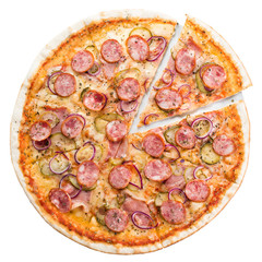 Hot fresh baked Italian pepperoni pizza with salami, cheese and hot pepper isolated on white background. Top view, flat lay