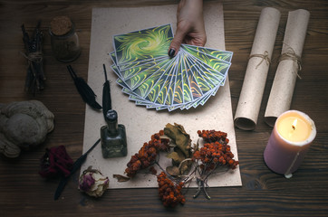 Tarot cards on fortune teller desk table. Witch doctor. Witchcraft.