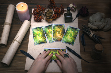 Tarot cards on fortune teller desk table. Witch doctor. Witchcraft.