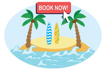 Tropical ocean island with sand,palm trees and surfboard,button- book now