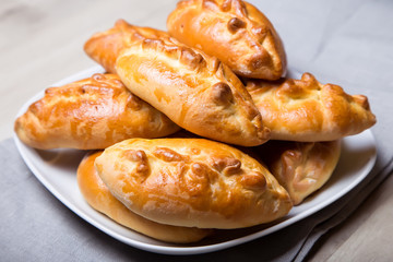 Traditional Russian baked pies (pirozhki). Close-up, selective focus.