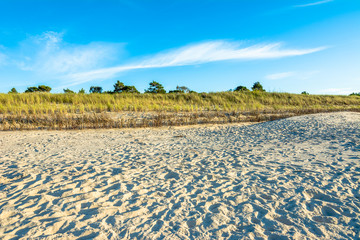Sandy beach under blue sky, summer background