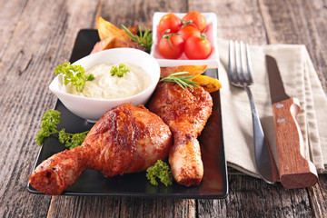 fried chicken, sauce and french fries