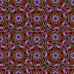 Seamless repeating pattern of colored mandalas