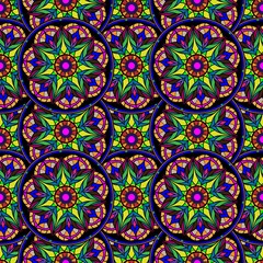 Seamless repeating pattern of colored mandalas