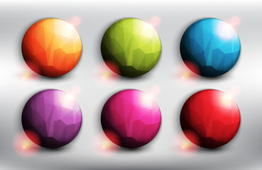 Abstract vector web buttons set of 6. Low poly circles in 6 different colors. Isolated with realistic, transparent glass shine and shadow on the light background. Vector illustration. Eps10.