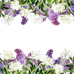Beautiful floral background from lilac and white peonies 