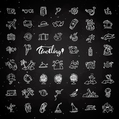 Naklejka premium Travel hand draw chalk icons. Icon lined cartoon collection about adventure, outdoor activities, beach, summer, travelling, get a vacation and extremal sport. Traveling icon set on black board