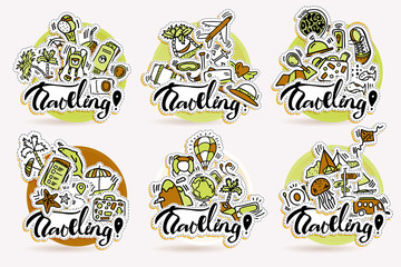 Travel hand draw sticker icons. Traveling cartoon stickers about adventure, outdoor activities, beach, summer, travelling, vacation. Traveling icon set in round circle form with airplane, transport