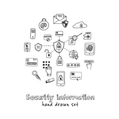 Hand drawn doodle security information set.