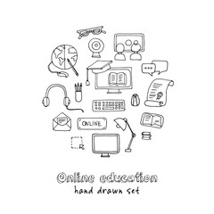 Hand drawn doodle online education set.