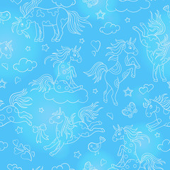 Seamless pattern with funny cartoon unicorns, hearts and stars white contour icons on blue  background