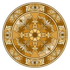 Illustration in stained glass style, round mirror image with floral ornaments and swirls,brown tone ,sepia 