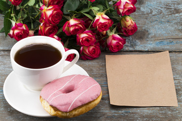 Breakfast for mother's day,Concept with flowers and gift card,with empty space for a text