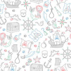 Seamless illustration of the topic of piracy and sea travel outline icons, icons drawn with colored marker on white background