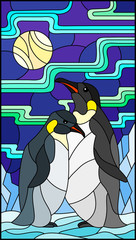 Illustration in stained glass style with a pair of penguins on a background of snow, moon and Northern lights