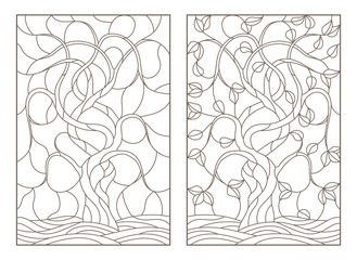 Fototapeta premium Set contour illustrations of stained glass with the image of the trees, dark contours on white background