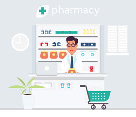 Pharmacist in the drug store flat design vector illustration. Cute charatcter. Poster design