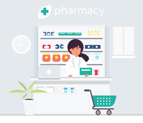 Pharmacist in the drug store flat design vector illustration. Cute charatcter. Poster design