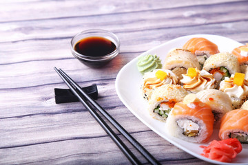 Japanese sushi set on white plate