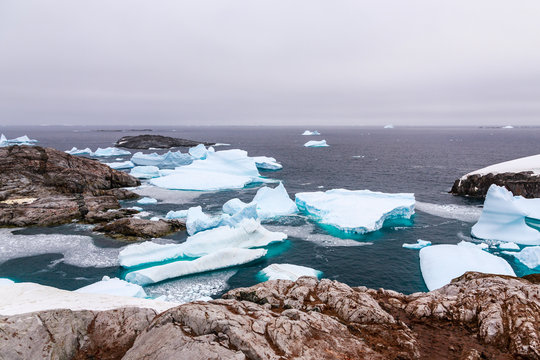 Cold still waters of antarctic sea lagoon with drifting blue icebergs among rocky cliffs of Peterman island, Antarctica