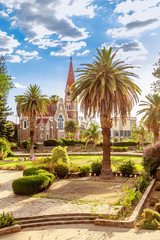 Luteran Christ Church and park with palms in front, Windhoek, Namibia