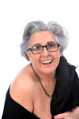 an older woman with a sexy posed on white background