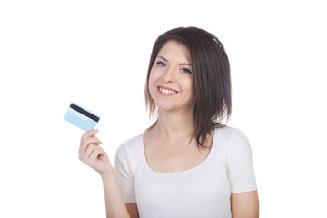 beautiful brunette holding credit card