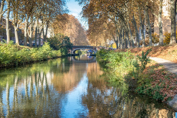 Fototapeta na wymiar Walk alonf canal du midi in Toulouse France during autumn