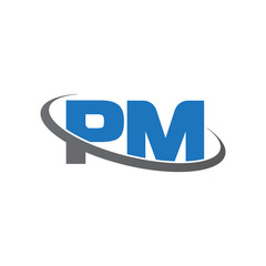 Initial letter PM, overlapping swoosh ring logo, blue gray color