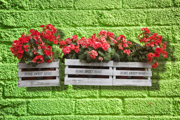 Wooden flowers boxes against an old brick wall - Home sweet home