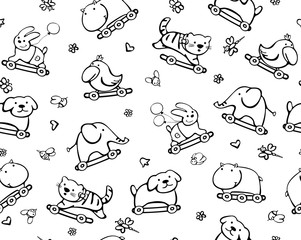 Seamless pattern  funny animals  on scooters,  black silhouette isolated.