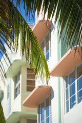 Architectural details in pastel colors of a traditional Art Deco building in Miami Beach, Florida, USA