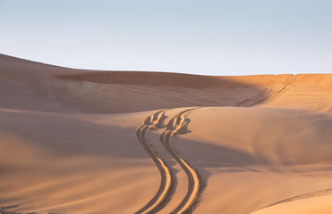 Fototapeta na wymiar tyre tracks inthe desert at sunrise