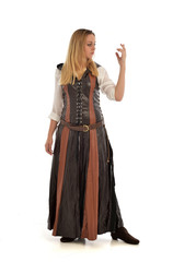 full length portrait of girl wearing brown  fantasy costume. standing pose on white studio...