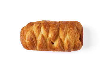 Baked bun with a beautiful pattern of puff pastry. Isolate on white background with shadow.