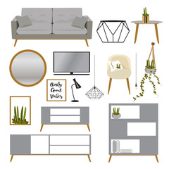 Scandinavian Style Interior Furniture Collection. Living room with trendy furniture