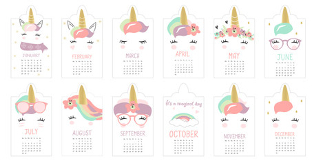 Cute Unicorn Calendar. Hand drawn kids doodle in vector